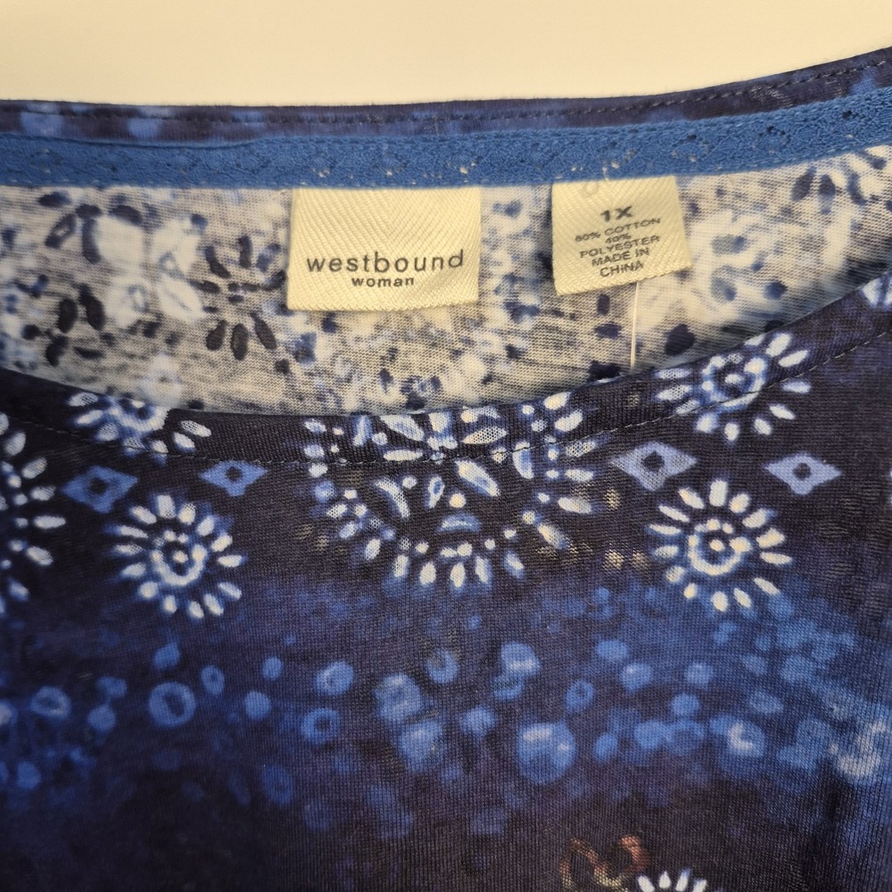 Westbound Woman 1X Blue Boho Bandana Print Long Sleeve Tunic Top - Picture 3 of 8